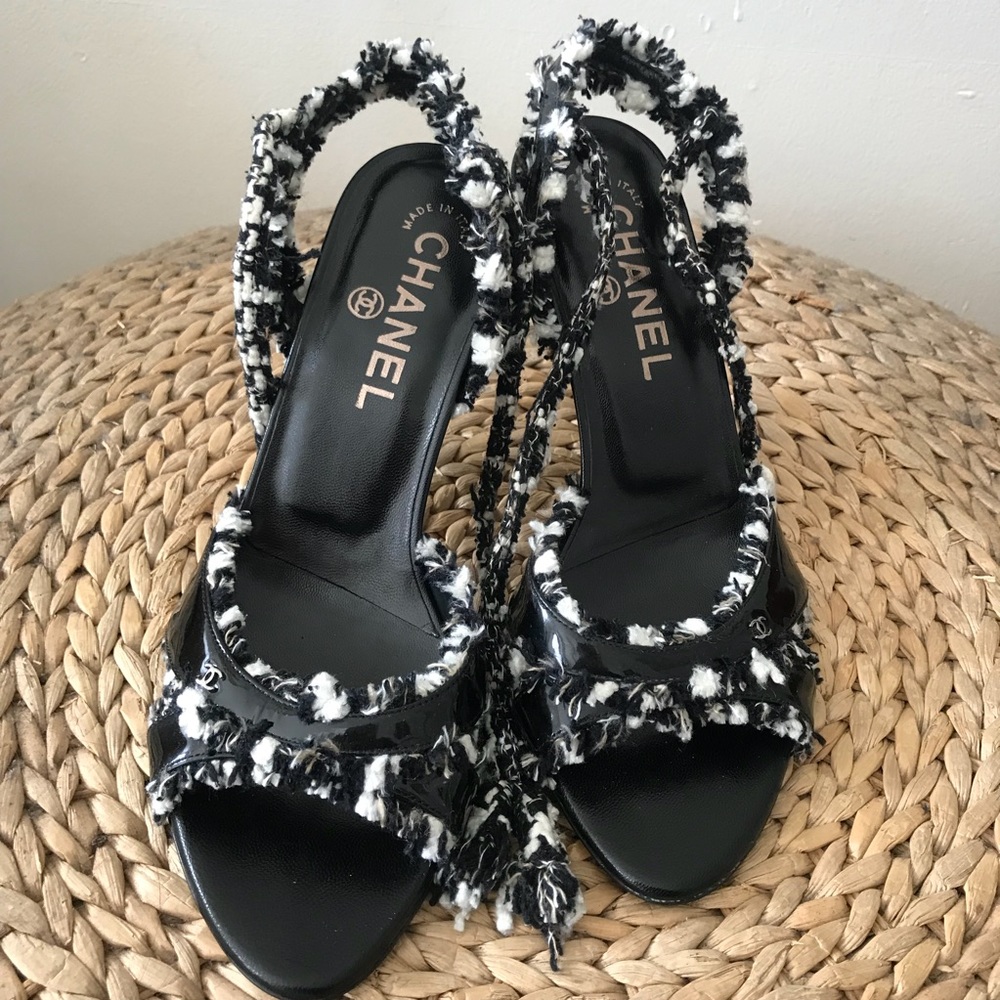 CHANEL Peep Toe Slingback Heels Tweed Ankle Strap - Picture 1 of 8
